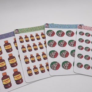May include: Four sheets of stickers. Two sheets show brown bottle illustrations with yellow labels, the text "Chamoy Original" is visible. The other two sheets display colourful illustrations of conchas, a type of Mexican sweet bread, in red, green, and white.