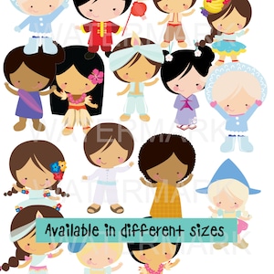 May include: A collection of cartoon figures dressed in traditional attire from various cultures. The figures are depicted with diverse skin tones and hairstyles, wearing clothing such as a sombrero, a Chinese-style outfit, and Hawaiian leis. Text reads "Available in different sizes."