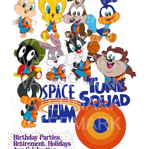 May include: A collection of cartoon characters from Space Jam, including Bugs Bunny, Daffy Duck, and Tweety Bird, in their basketball uniforms. The image includes the words "SPACE JAM TUNE SQUAD" and text that reads "Great for Scrapbooks, Card Making, Journals."