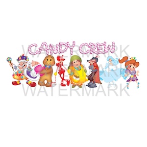 May include: A colorful illustration featuring a group of cartoon characters, each with unique designs and outfits. The text "CANDY CREW" is displayed in pink, candy-cane-striped letters above the characters. The characters are set against a white background.