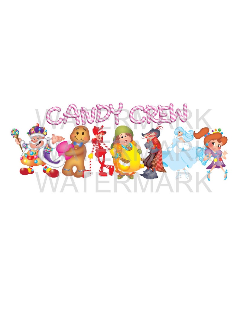 May include: A colorful illustration featuring a group of cartoon characters, each with unique designs and outfits. The text "CANDY CREW" is displayed in pink, candy-cane-striped letters above the characters. The characters are set against a white background.