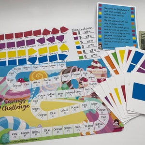 May include: A colorful board game called "Savings Challenge" with a candy theme. The game includes a game board, cards, and tokens. The game board features a colorful candy land design with a variety of candies and sweets. The cards are color-coded and feature different amounts of money. The tokens are also color-coded and represent different types of savings. The game is designed to teach children about saving money.