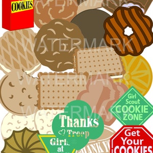 May include: A collection of various cookies, including a box of cookies, and several signs with text like "Girl Scout Cookie Zone" and "Get Your Cookies!" in a colorful, cartoon style.