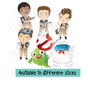 May include: Watercolor illustration featuring cartoon versions of Ghostbusters characters and iconic elements. The image includes the Ghostbusters team, Slimer, the Stay Puft Marshmallow Man, and the Ghostbusters logo. Text at the bottom reads "Available in different sizes."