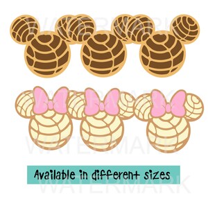 Könnte beinhalten: Illustration von sechs Mickey Mouse-förmigen Conchas, einem traditionellen mexikanischen süßen Brot. Drei sind braun und drei sind hellbraun mit rosa Schleifen. Der Text "Available in different sizes" steht darunter.