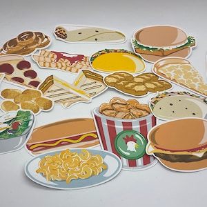 May include: A collection of colorful, illustrated fast food items. Includes a burger, fries, pizza slice, hot dog, taco, salad, fried chicken, and more. Perfect for a food-themed project or design.