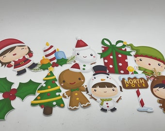 Elfo navideño, cascabeles, muñeco de nieve, hombre de jengibre, regalos, árbol de Navidad, troqueles, adornos, elementos, impresiones, decoración