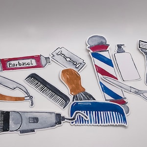 May include: A set of watercolor illustrations of barber shop tools, including a razor, comb, shaving cream, scissors, and a barber pole. The illustrations are in a vintage style and are perfect for a scrapbook or craft project.