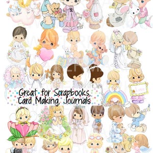 May include: A selection of Precious Moments-style illustrations depicting children in diverse scenarios. The images include angels, children with toys, and couples, with text that reads "Great for Scrapbooks, Card Making, Journals."