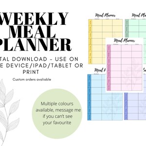 May include: A digital printable weekly meal planner with five different color options: yellow, green, pink, blue, and light blue. The planner has sections for breakfast, lunch, and dinner.