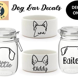 Dog/ Pet treat jar sticker/ Personalised name/vinyl decal- Dog breed Ear Decal