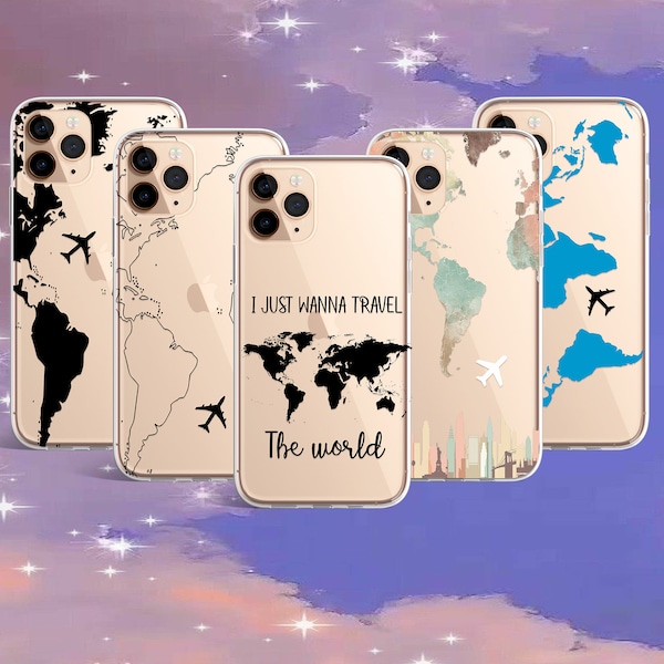 clear travel world map  case for iPhone 15 pro max, 14 pro max, 13 pro max & SAMSUNG S10 Lite, A40, A53, Huawei P20,