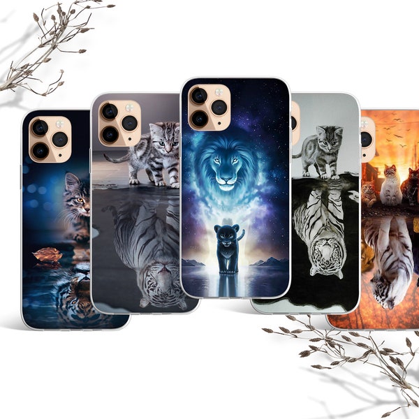 citten cat tiger lion reflection case for iPhone 15, 14 pro max,13 pro max,12 pro max & SAMSUNG S10 Lite,S22, A40, A50, Huawei P20,