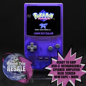 Nintendo Gameboy Color - OLED Screen Upgrade - Clear Dark Purple - Rechargeable USB-C Battery, Tactile Buttons, Sound Amp, Game Boy GBC