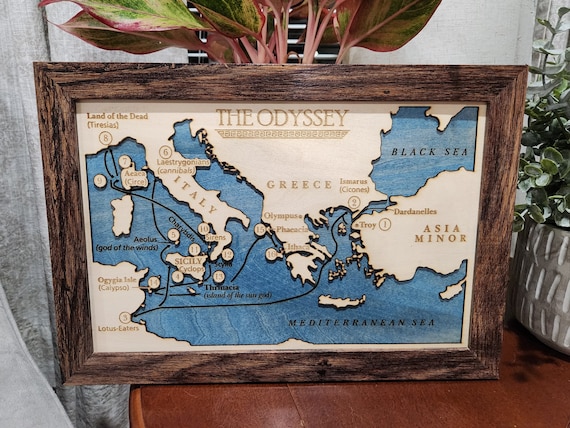 3D Wood Engraved Map of the Odyssey Odyssey Map Ancient Greece Map