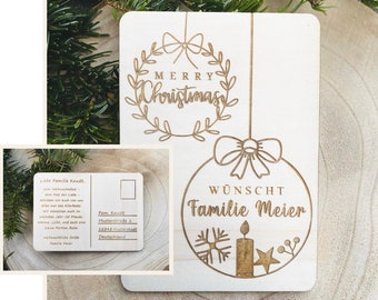 Weihnachtskarte Holz Post Weihnachten Brief Postkarte personalisiert Weihnachtsgrüße Merry Christmas Weihnachtskugeln