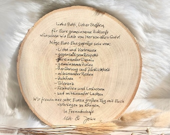 propia escritura / dibujo grabado en una rodaja de árbol escritura manuscrita en madera regalo votos de boda memoria familia madre padre