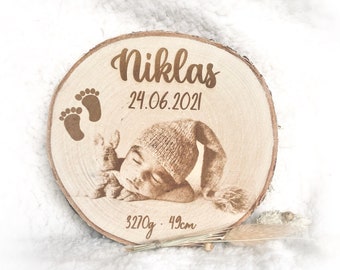 Gift Birth Photo & Dates of Birth on Wooden Disc Baby Child Newborn Baptism Parents Present Wood