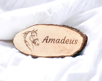 Stallschild Pferd Pony Tier Namensschild für Stalltür Holzscheibe Weihnachtsgeschenk Baumscheibe graviert mit Pferdekopf personalisiert