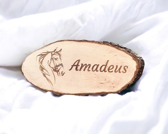 Stable sign horse pony animal name plate for stable door wooden disc tree disc engraved with horse&#39;s head personalized
