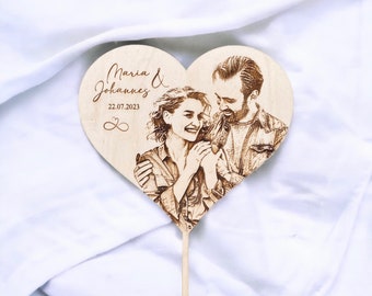 Caketopper en bois avec photo gravure gâteau de mariage gâteau coeur personnalisé