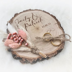 Cuscino portafedi con fiori secchi, fedi nuziali rosa, fedi nuziali, disco in legno, cerimonia nuziale, regalo per marito e moglie