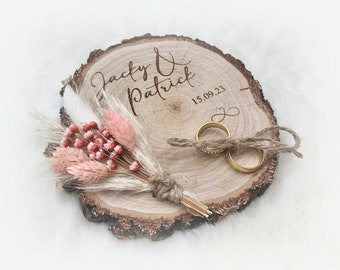Wedding ring holder ring pillow with dried flowers pink wedding wedding rings wedding rings wooden disc wedding ceremony marriage couple man & woman gift