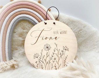 Panneau de porte en bois, prairie fleurie personnalisée en bois pour chambre d'enfant, cadeau bébé fille pour anniversaire, naissance