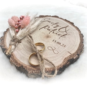 Wedding ring holder ring cushion with dried flowers pink wedding wedding rings wedding rings wooden disc wedding ceremony husband and wife gift image 3