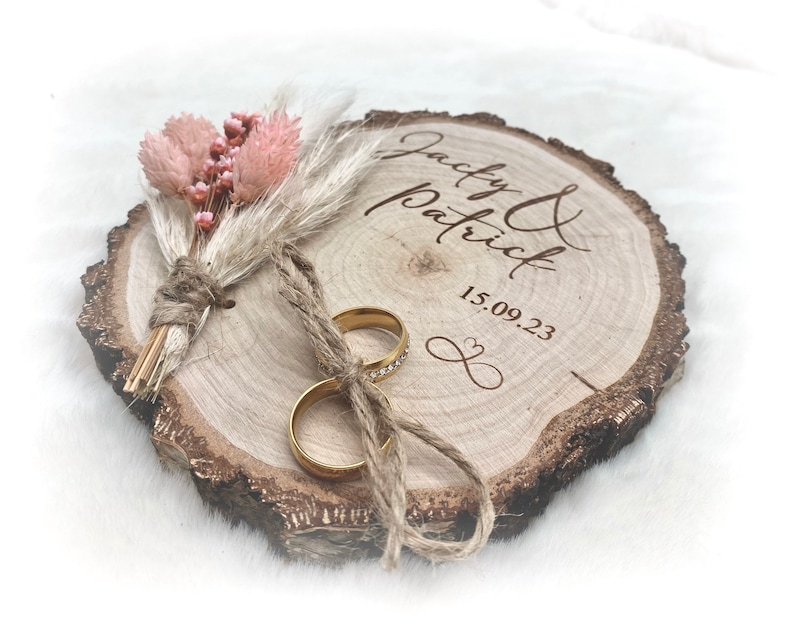 Wedding ring holder ring cushion with dried flowers pink wedding wedding rings wedding rings wooden disc wedding ceremony husband and wife gift image 3
