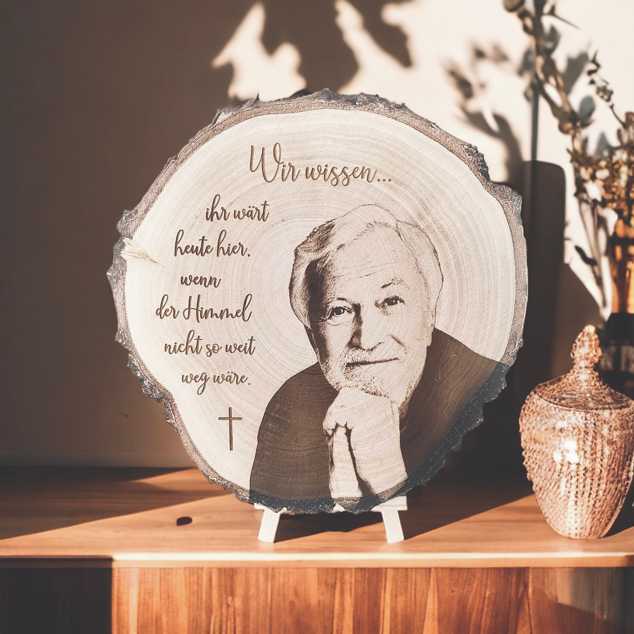 Wedding ceremony memory/souvenir of deceased death grandma grandpa mother father farewell grief image and text personalized on wooden disc