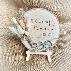 Wedding ring holder with dried flowers, ring cushion for wedding rings, wooden disk, ceremony, marriage, couple, man and woman, gift image 3