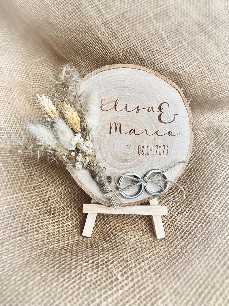 Wedding ring holder with dried flowers, ring cushion for wedding rings, wooden disk, ceremony, marriage, couple, man and woman, gift image 3