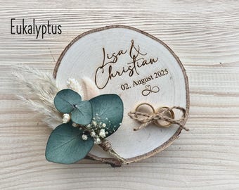 Soporte para anillos de boda, cojín para anillos con flores secas, eucalipto, anillos de boda, disco de madera, boda, matrimonio, pareja casada, soporte de madera para anillos, regalo