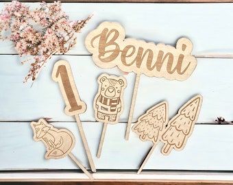 Set Cake Topper en bois animaux de la forêt décoration d'anniversaire personnalisée gâteau gâteau topper bébé enfant garçon fille extracteur fête baby shower