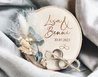 Wedding ring holder with dried flowers eucalyptus ring cushion rings, wedding rings wooden disc wedding ceremony marriage husband wife gift