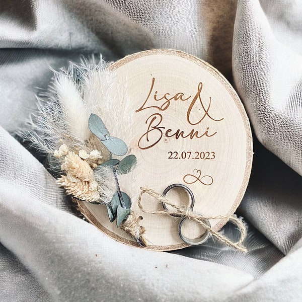 Wedding ring holder with dried flowers eucalyptus ring cushion rings, wedding rings wooden disc wedding ceremony marriage husband wife gift