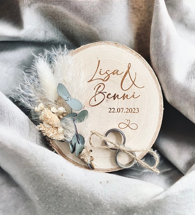Wedding ring holder with dried flowers eucalyptus ring cushion rings, wedding rings wooden disc wedding ceremony marriage husband wife gift image 1