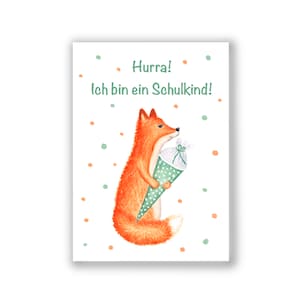 Karte Einschulung | 300 g hochwertiger Qualitätsdruck | Fuchs mit Schultüte | Hurra, ich bin ein Schulkind | Einschulungskarten Einladung