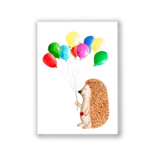 Postkarte DIN A6 Kleiner Igel mit Luftballons | Geburtstagskarte | 300 g hochwertiger Qualitätsdruck | Kindermotiv | Tier | Kinderzimmer