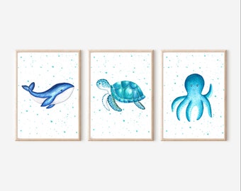 Tierposter Kinderzimmer *Bilder Set Kinderzimmer *Meerestiere Bilder Kinderzimmer * Bild Schildkröte * Wal Poster *Poster für Babyzimmer*