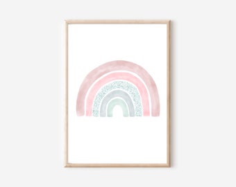 Regenbogen Bild Kinderzimmer * Rosa Mint Pastell * DIN A3 und A4 * Regenbogen Aquarell *Babyzimmer Bilder Mädchen