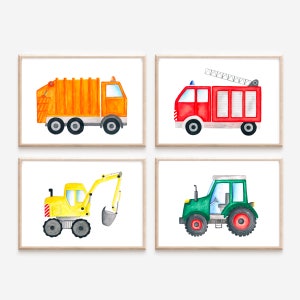 Poster cars children's room * children's room pictures boys * DIN A4 and A3 * in a set and individually * poster excavator * poster fire brigade * poster tractor