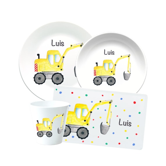 Kindergeschirr personalisiert * Kinderteller Bagger * Kinder Becher Bagger* Kinder Frühstücksbrettchen * Geschenk zur Geburt