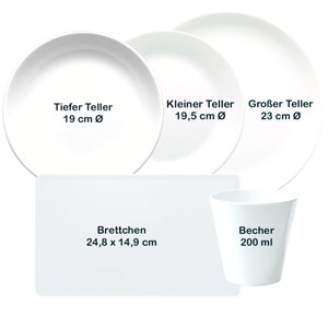 May include: A set of white ceramic dinnerware includes a large, medium, and small plate, a small bowl, and a cup. The plates are labeled "Gro&szlig;er Teller 23 cm &Oslash;", "Kleiner Teller 19,5 cm &Oslash;", and "Tiefer Teller 19 cm &Oslash;". The bowl is labeled "Brettchen 24,8 x 14,9 cm" and the cup is labeled "Becher 200 ml".