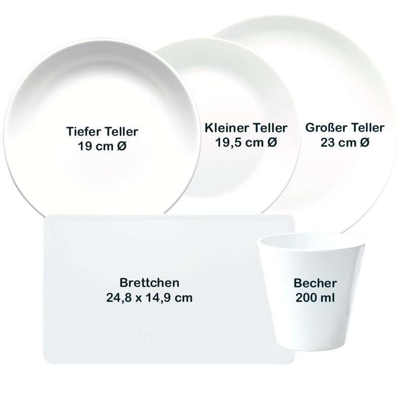 May include: A set of white ceramic dinnerware includes a large, medium, and small plate, a small bowl, and a cup. The plates are labeled "Gro&szlig;er Teller 23 cm &Oslash;", "Kleiner Teller 19,5 cm &Oslash;", and "Tiefer Teller 19 cm &Oslash;". The bowl is labeled "Brettchen 24,8 x 14,9 cm" and the cup is labeled "Becher 200 ml".