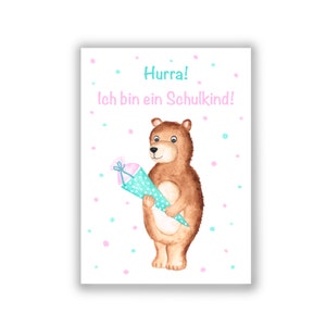 Karte Einschulung | 300 g hochwertiger Qualitätsdruck | Bär mit Schultüte | Hurra, ich bin ein Schulkind | Einschulungskarten Einladung
