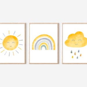 Baby room mustard yellow * Children's room picture set * DIN A3 and A4 * Cloud, rainbow and sun * Children's room girl boy * Poster for baby room