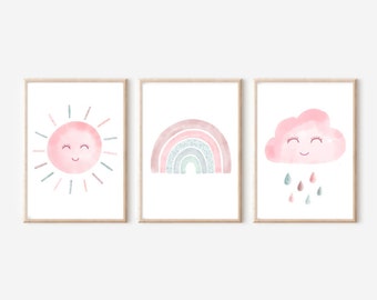 Baby room old pink * Picture set children's room * DIN A3 and A4 *Cloud, rainbow and sun *Decoration children's room girls * Poster for baby room*