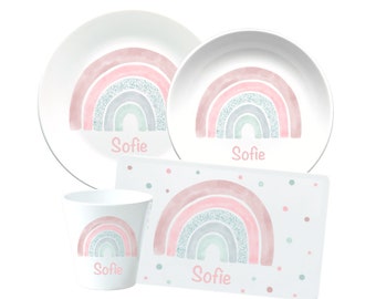 Children's crockery personalized * children's plate rainbow pink pastel * children's mug * children's breakfast board * gift for birth